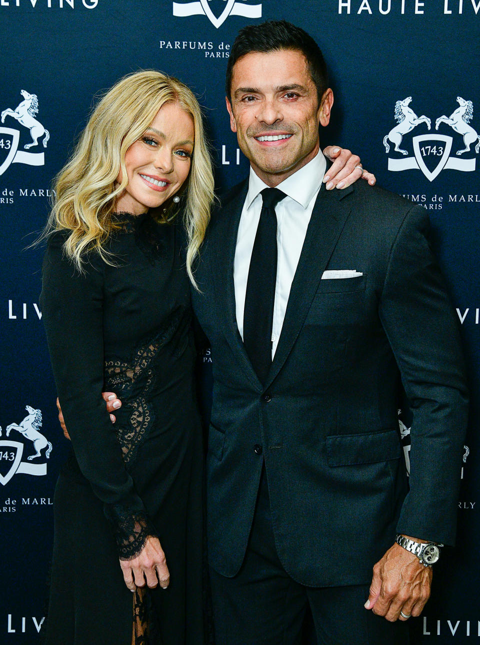 <p>Kelly Ripa hits the red carpet with husband Mark Consuelos at the Haute Living party for her new book <em>Live Wire </em>with Parfums de Marly and Telmont Champagne at Scarpetta in N.Y.C. on Sept. 27.</p>