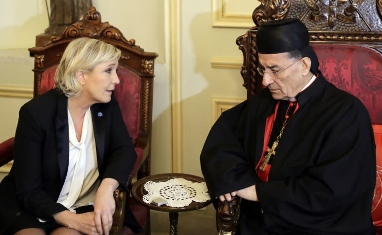 France's far-right presidential candidate Marine Le Pen (left) meets with Lebanon's Cardinal Mar Bechara Boutros al-Rai in Bekerke, on February 21, 2017