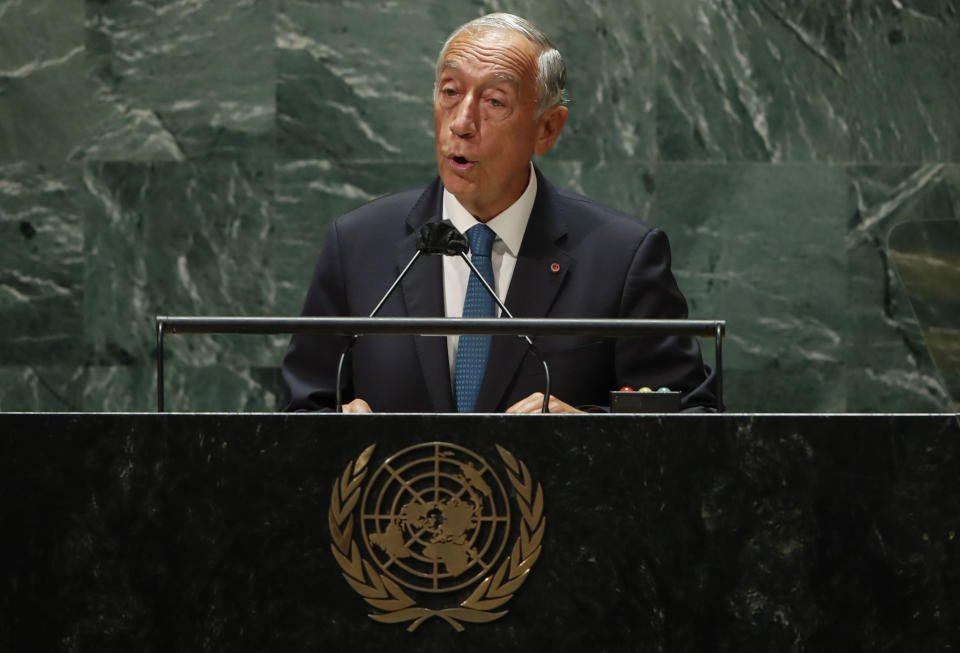 Portugal President Marcelo Rebelo de Sousa addresses the 76th Session of the U.N. General Assembly at United Nations headquarters in New York, on Tuesday, Sept. 21, 2021. ( Eduardo Munoz/Pool Photo via AP)