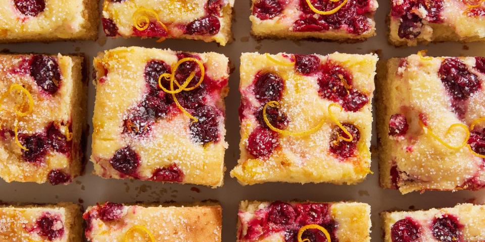 cranberry mimosa breakfast cake with orange zest and sugar