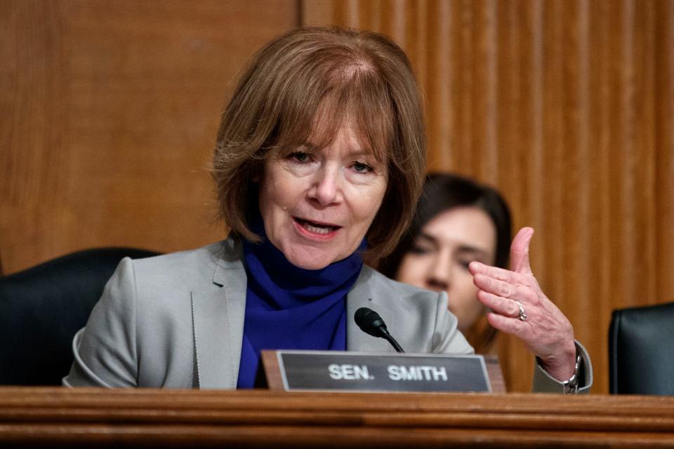 Sen. Tina Smith, D-Minn., speaks during a Senate Committee on Health, Education, Labor, and Pensions hearing on March 5, 2019.