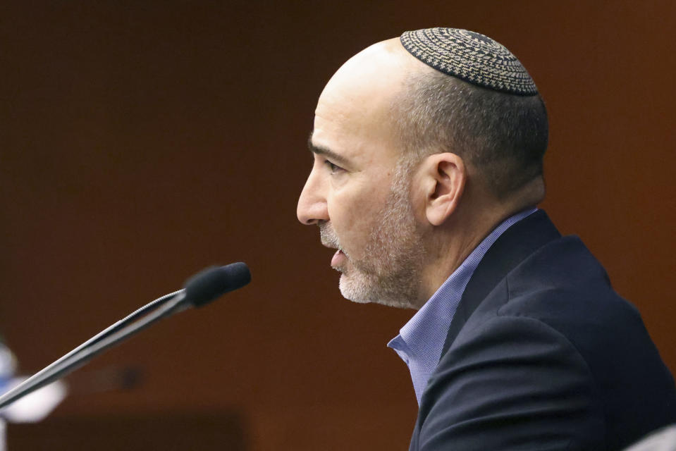 David Lubin speaks in favor of House Bill 30 during public comment as the Senate Judiciary Committee considered the antisemitism bill, in the Coverdell Legislative Office Building, Monday, Jan. 22, 2024, in Atlanta. HB30 was passed unanimously. Lubin is the father of Dunwoody native Sgt. Rose Ida Lubin, 20, an Israeli-American and a police officer with the Israel Defense Forces, who was killed in Jerusalem in November 2023. (Jason Getz/Atlanta Journal-Constitution via AP)