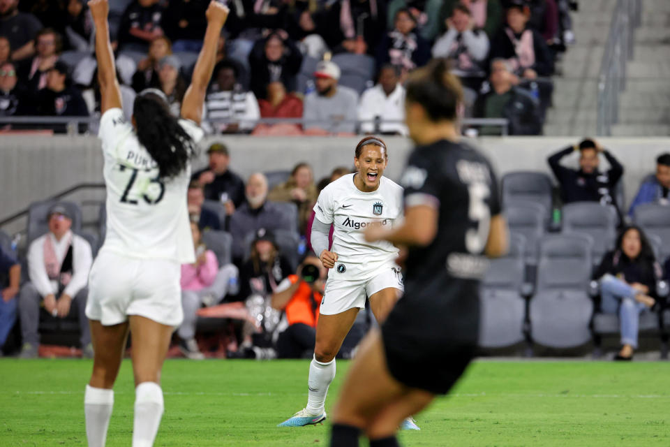 Mar 26, 2023; Los Angeles, California, USA; New Jersey/New York Gotham FC forward Lynn Williams (10) reacts after scoring a goal against Angel City FC during the second half at BMO Stadium. Mandatory Credit: Kiyoshi Mio-USA TODAY Sports