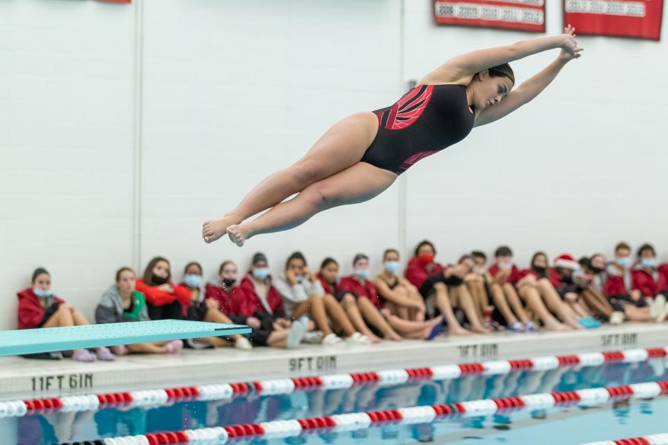 Durfee’s Casey Carvalho attempts a dive during Tuesday’s meet with Martha’s Vineyard.