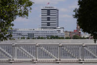 The Triad1828 building is seen on the Camden, N.J. skyline, Monday, June 17, 2024, photographed from across the Delaware River in Philadelphia. (AP Photo/Matt Slocum)