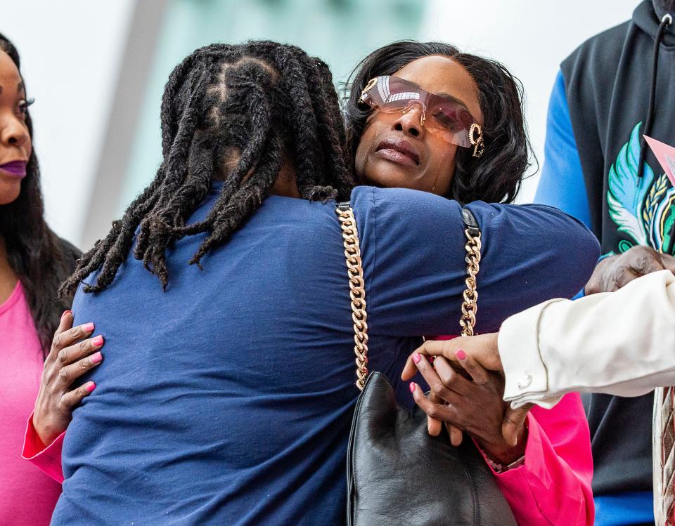 Sheena Scarbrough, mother of Sade Robinson, is consoled by an individual as she arrives to the public memorial services for Sade Robinson on Friday May 10, 2024 at the Baird Center in Milwaukee, Wis.