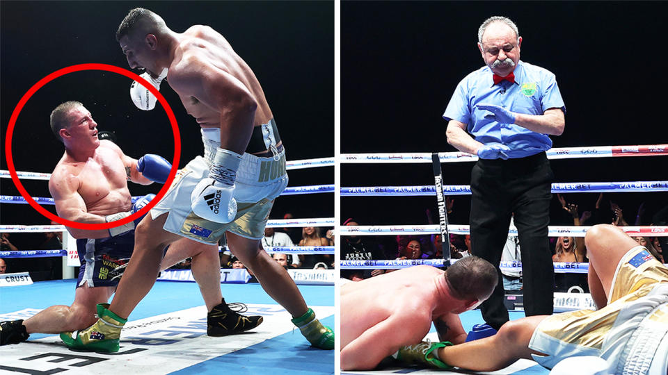 Justis Huni knocking down Paul Gallen (pictured left) and the referee (pictured right) waving off Gallen's tackle.