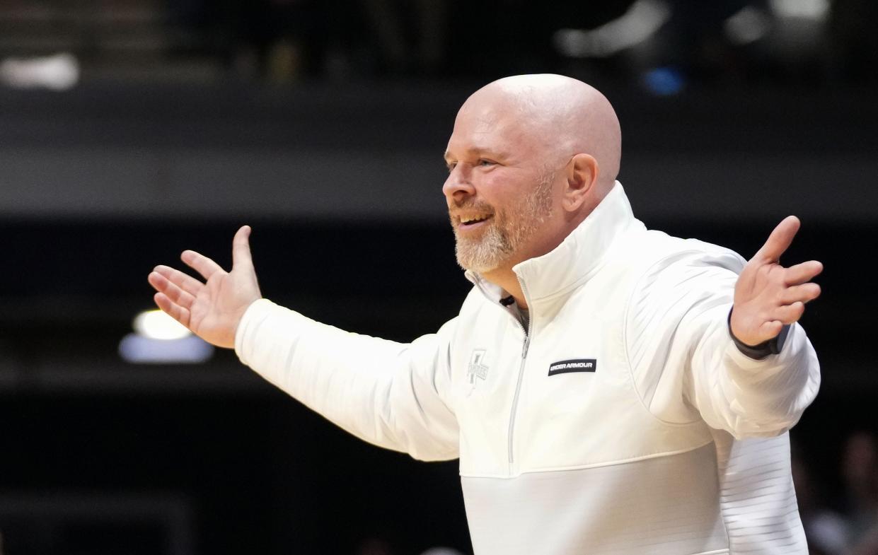 Indiana State Sycamores head coach Josh Schertz reacts to a call from the referee Thursday, April 4, 2024, during the NIT championship game at Hinkle Fieldhouse in Indianapolis. The Seton Hall Pirates defeated the Indiana State Sycamores, 79-77.