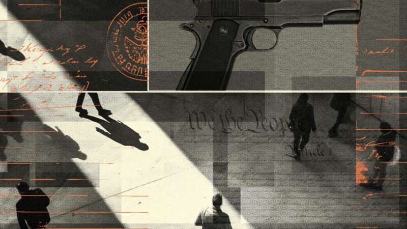 An image with shades of black, cream, gray, and orange that is fragmented with shadowed figures and guns and the U.S. Constitution