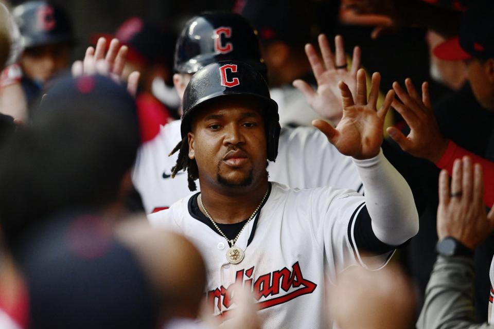 Guardians third baseman Jose Ramirez celebrates after scoring during the sixth inning against the Angels, May 4, 2024, in Cleveland.