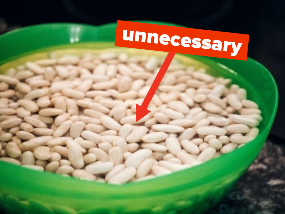 beans soaking in a green bowl with text "unnecessary"