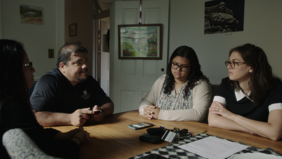 Dyanie Bermeo (third from left) and Rachel de Leon (right) sit down with Bermeo’s parents, Karla Cardenas and Gabe Bermeo (Courtesy of Netflix)