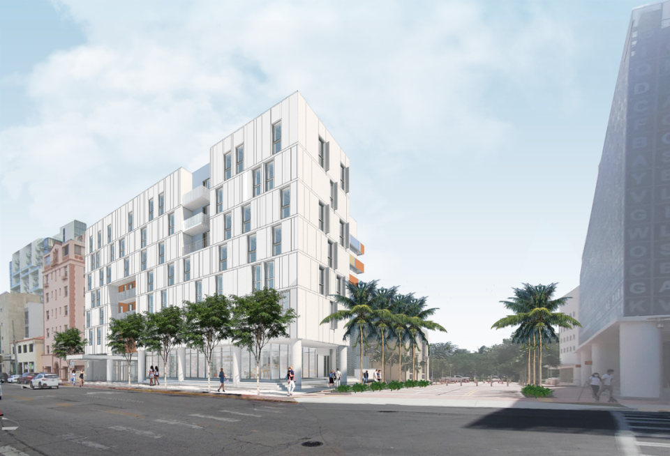 An architectural rendering shows a planned apartment building on 23rd Street on South Beach that will provide workforce housing at discounted rents for artists and first responders and other public employees, with one floor dedicated to dorm rooms for students at the adjacent Miami City Ballet School. The building was designed by Houston-based PGAL and Miami’s Shulman + Associates.