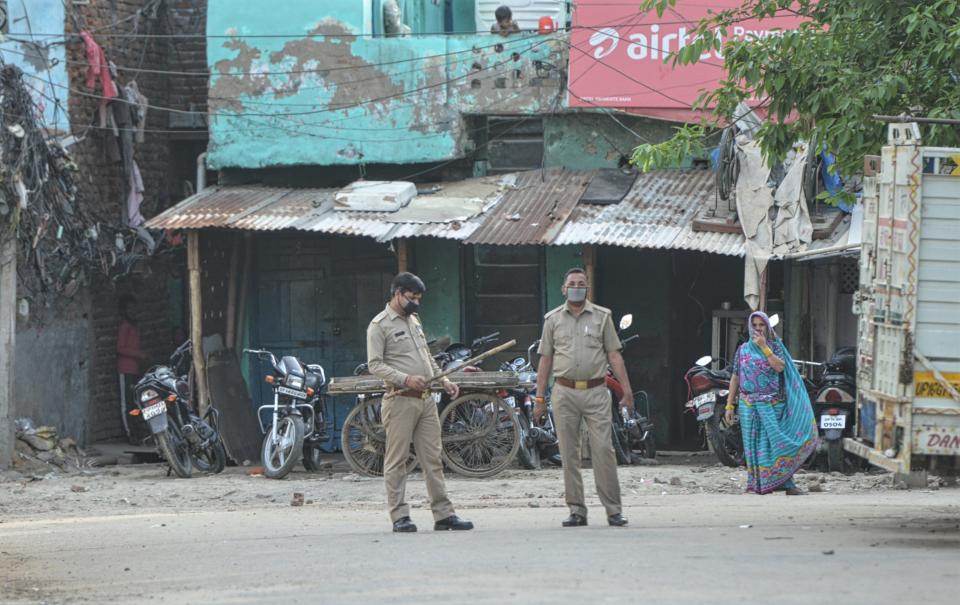 NOIDA, UTTAR PRADESH  APRIL 12: Uttar Pradesh Police on duty during nationwide lockdown in Noida. (Photo by K Asif/India Today Group/Getty Images)