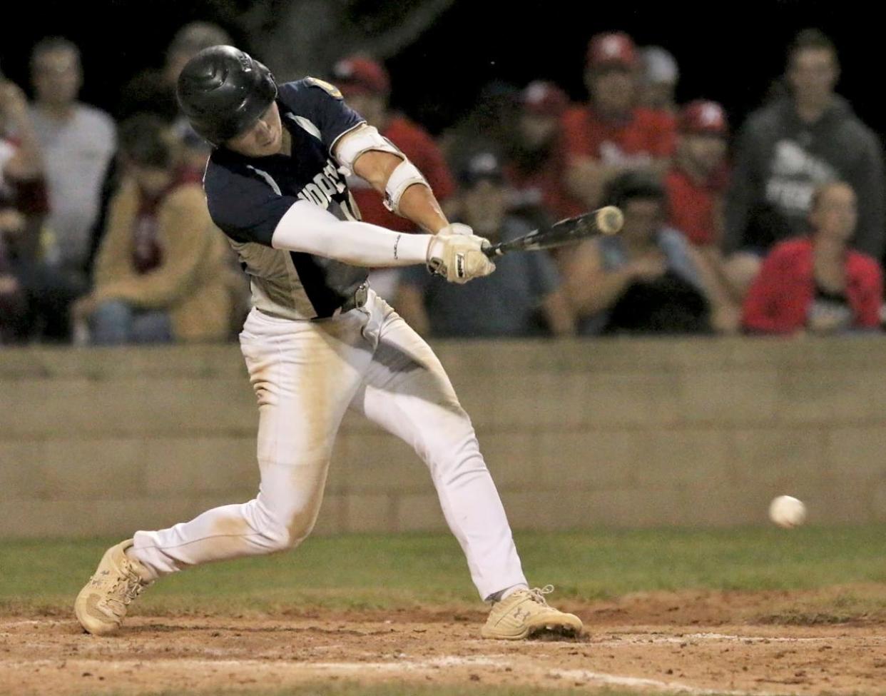 Jackson Noem of the Lake Norden Lakers connects for a base hit on Sturday during a first-round game against Freeman in the state Class B amateur baseball tournament in Mitchell. Lake Norden won 5-3 and will face Winner-Colome at 5:30 p.m. Wednesday in the second round.