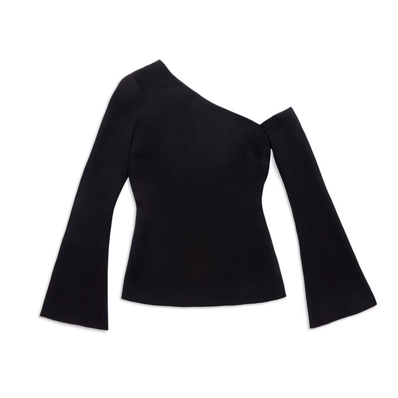 <a rel="nofollow noopener" href="https://shoprachelzoe.com/shop/ready-to-wear/tops/mia-top/?attribute_pa_color=blk" target="_blank" data-ylk="slk:Mia One-Shoulder Bell-Sleeve Top, Rachel Zoe, $295;elm:context_link;itc:0;sec:content-canvas" class="link ">Mia One-Shoulder Bell-Sleeve Top, Rachel Zoe, $295</a>