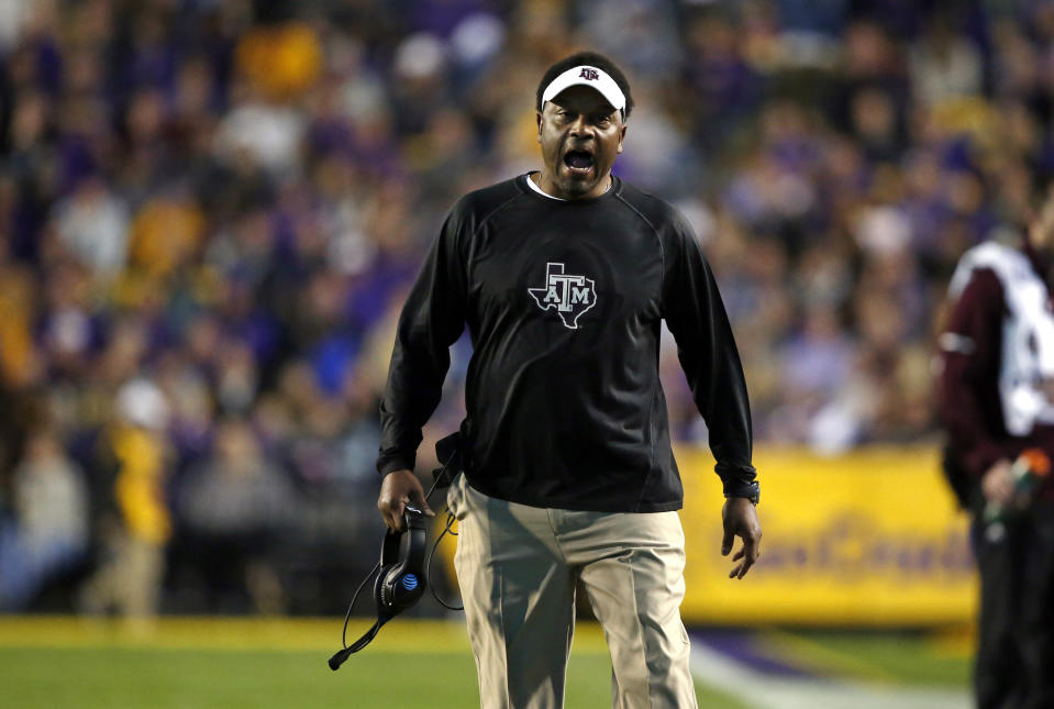 Texas A&M head coach Kevin Sumlin reacts on the sideline in the first half of an NCAA college football game against LSU in Baton Rouge, La., Saturday, Nov. 25, 2017. (AP Photo/Gerald Herbert)