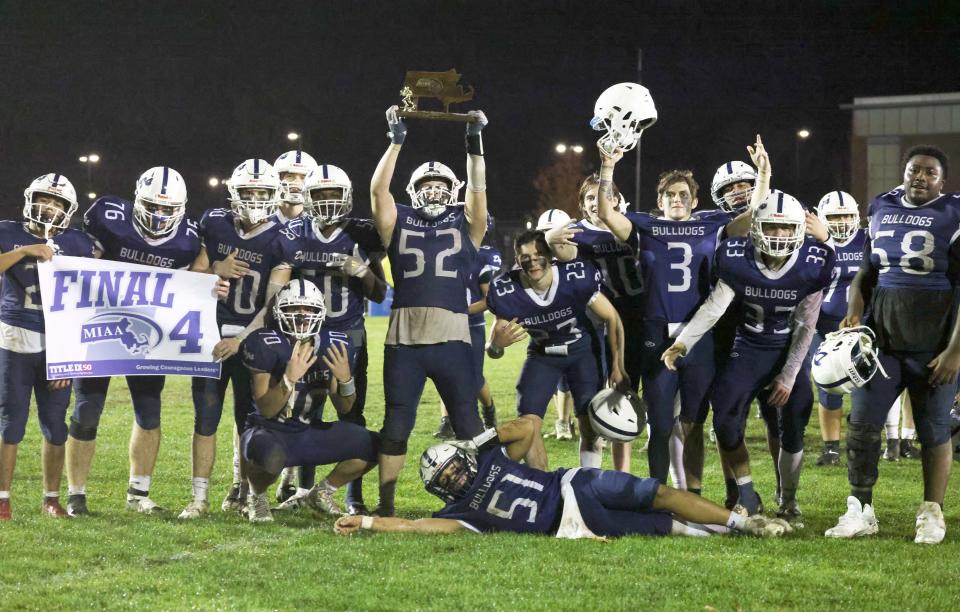 Rockland players celebrate their win against Abington on Friday, Nov. 11, 2022.