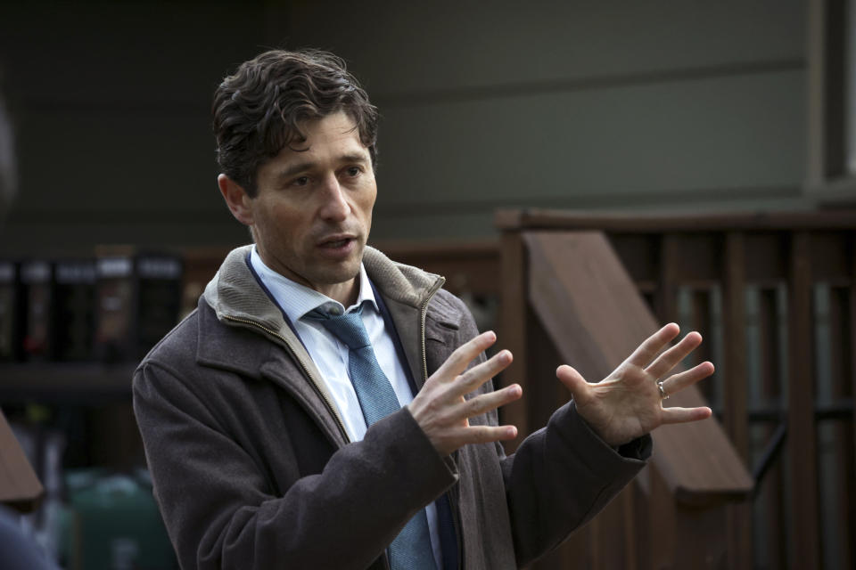 Minneapolis Mayor Jacob Frey speaks to his constituents at his "Mayor on the Block" event on Tuesday, Oct. 26, 2021, in Minneapolis. (AP Photo/Christian Monterrosa)