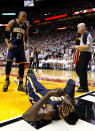 MIAMI, FL - MAY 15: David West #21 of the Indiana Pacers encourages Roy Hibbert #55 to get up during Game Two of the Eastern Conference Semifinals in the 2012 NBA Playoffs against the Miami Heat at AmericanAirlines Arena on May 15, 2012 in Miami, Florida. NOTE TO USER: User expressly acknowledges and agrees that, by downloading and/or using this Photograph, User is consenting to the terms and conditions of the Getty Images License Agreement. (Photo by Mike Ehrmann/Getty Images)