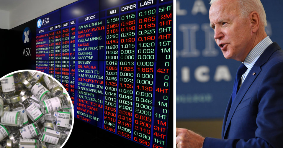 Empty bottles of the COVID-19 vaccine, stock price wall in the ASX and US President Joe Biden speaking