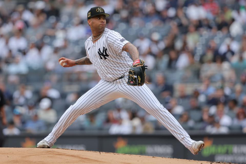 May 18, 2024; Bronx, New York, USA; New York Yankees starting pitcher Luis Gil (81) pitches against the Chicago White Sox during the first inning at Yankee Stadium. Mandatory Credit: Brad Penner-USA TODAY Sports