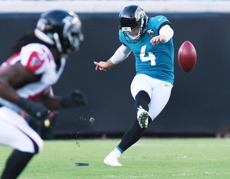 Josh Lambo kicks off for the Jaguars during a 2019 game against Atlanta. The NFL voted Tuesday in favor of sweeping changes to the rules for kickoffs.