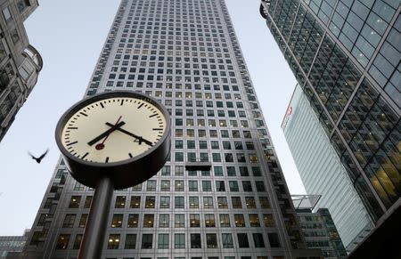 In front of HSBC's London headquarters, a bird flies past a clock as window cleaners work in London's Canary Wharf Financial District in London, Britain, October 11, 2016. REUTERS/Russell Boyce