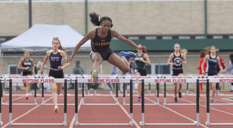 Alexandria Scott of St. John Vianney easily wins the girls 400 meter hurdles at 2024 Shore Conference Track Championships at Neptune, NJ on May 18, 2024.