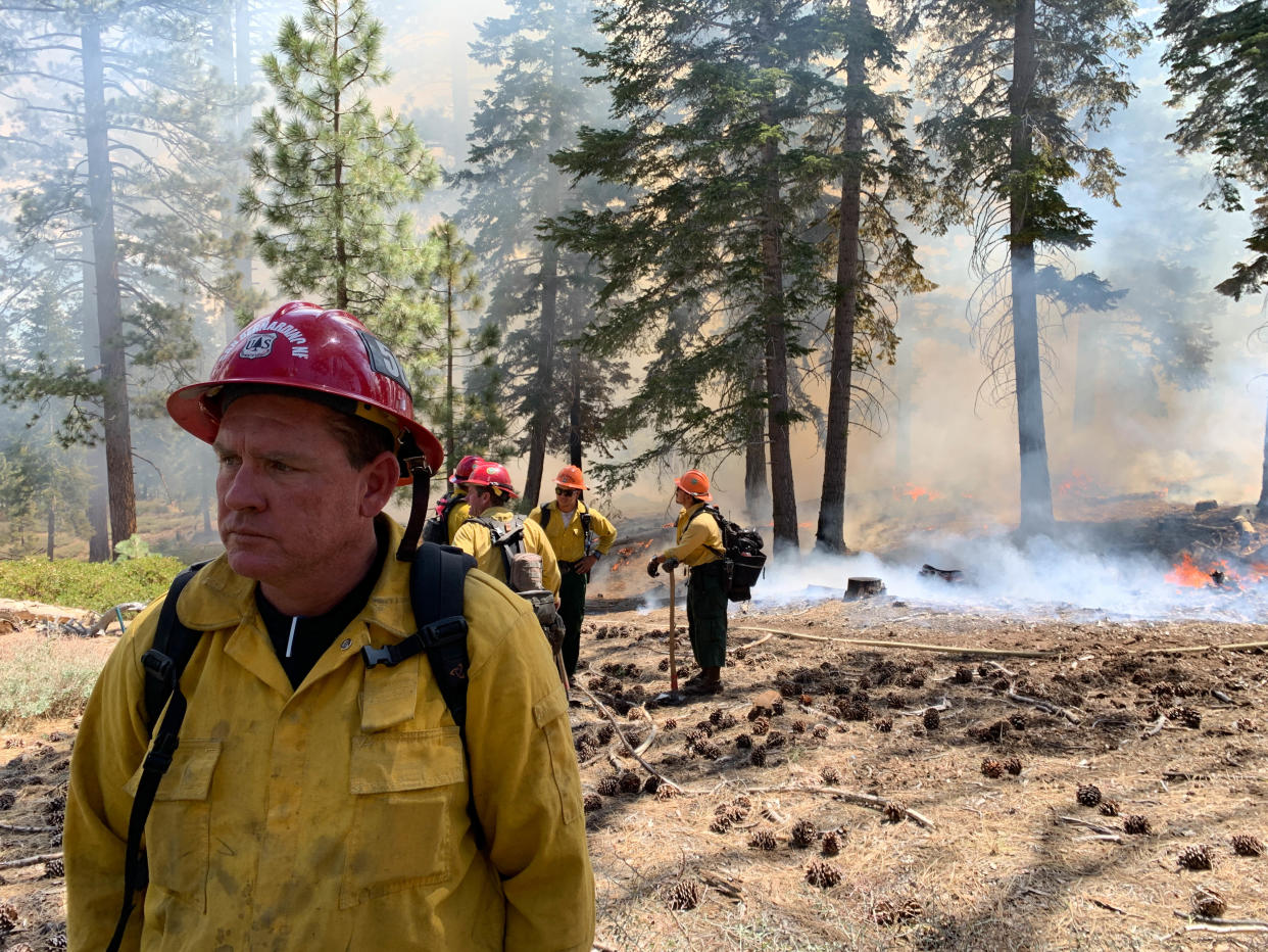 Garth Crow, Engine Captain 356 with the Forest Service on the San Jacinto Ranger District in Southern California, at the site of a prescribed burn in the San Bernardino National Forest on April 18. After doing a 2-acre test burn, Crow decided the wind was coming up and the fire was too aggressive, so he made the decision not to continue.