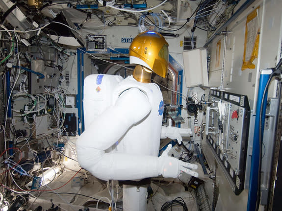 In the International Space Station's Destiny laboratory, Robonaut 2 is pictured on Jan. 2, 2013, during a round of testing for the first humanoid robot in space. Ground teams put Robonaut through its paces as they remotely commanded it to opera