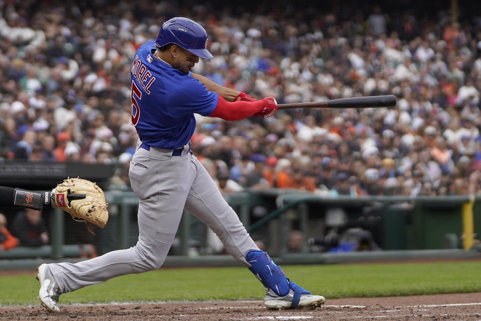 Chicago Cubs' Christopher Morel hits a two-run single against the San Francisco Giants during the fifth inning of a baseball game in San Francisco, Saturday, June 10, 2023. (AP Photo/Jeff Chiu)