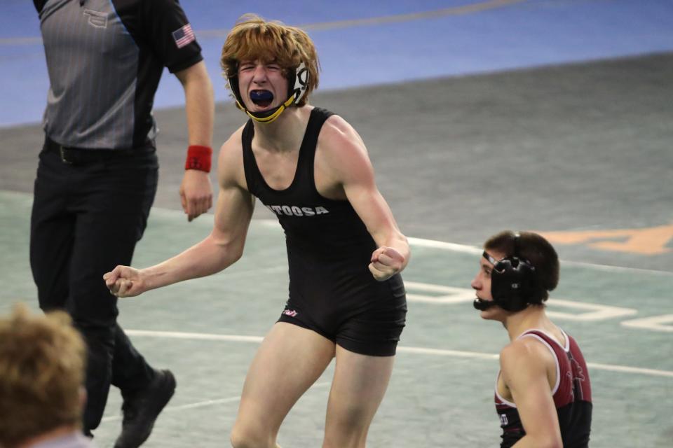 Brogan O`Neal of Catoosa celebrates after beating Tyler Misenheimerof Blanchard in a Class 4A 113-pound semifinal match during the Oklahoma state wrestling tournament at State Fair Arena in Oklahoma City, Friday, Feb. 24, 2023.