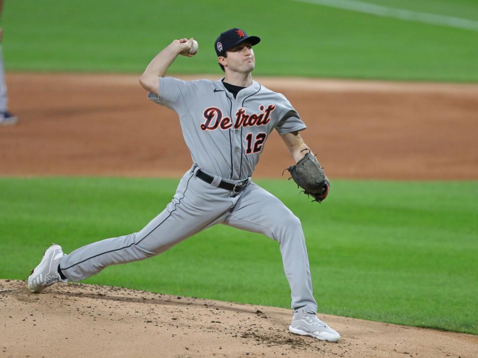 Detroit Tigers starting pitcher Casey Mize (12) delivers a pitch during the first inning against the Chicago White Sox at Guaranteed Rate Field.