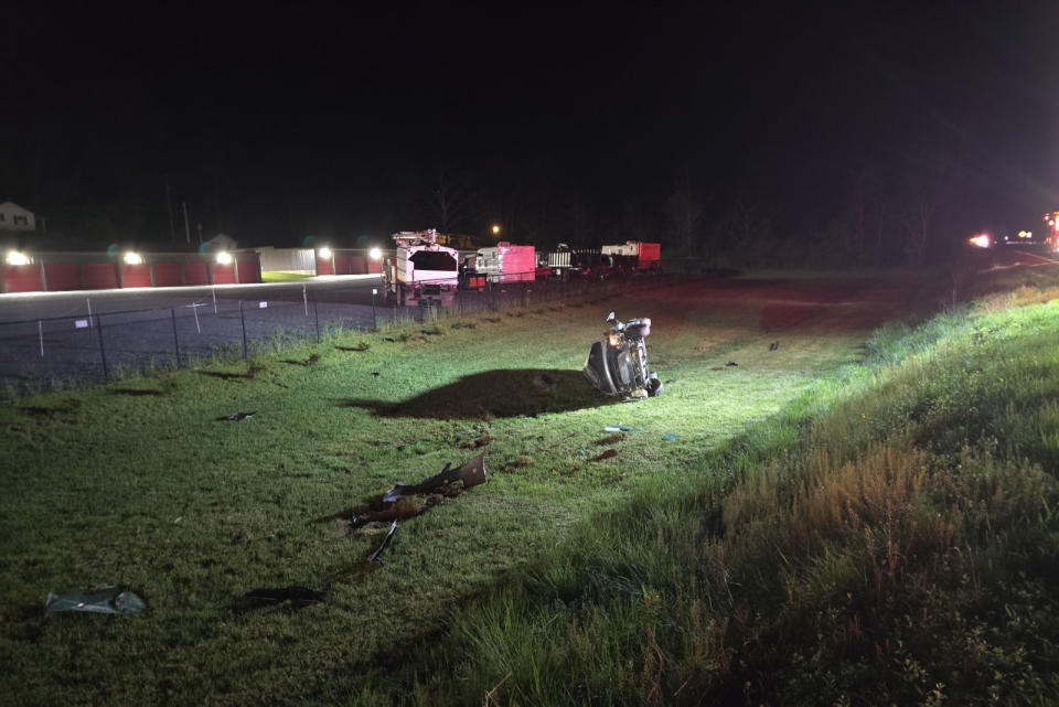 Nissan Altima on its side after a crash on Campbell Highway on April 16. (Photo Courtesy: Rustburg Volunteer Fire Department)