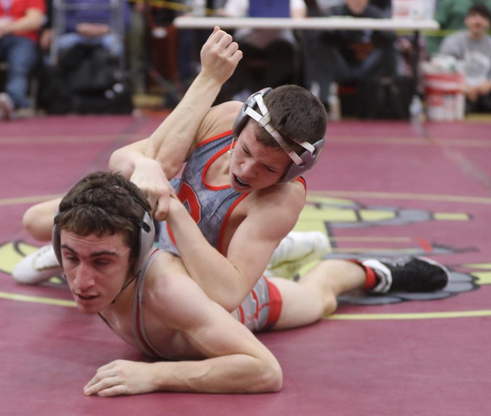 Ryan Ball of Somers defeated Diego Gonzalez in the 110 pound championship during the Section 1 Division 1 Wrestling Championships at Arlington High School in Lagrangeville Feb. 12, 2023.