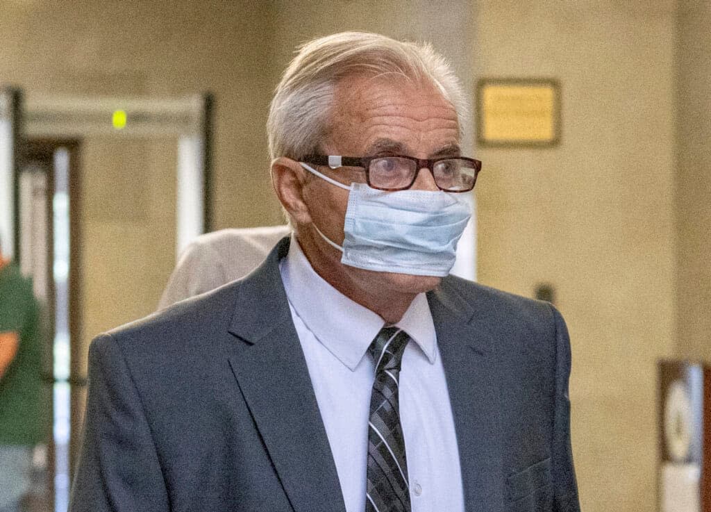 Charles Polevich at the Nassau County Courthouse for sentencing on Wednesday, Aug. 3, 2022, in Mineola, N.Y. has been sentenced to a year in jail. (Howard Schnapp/Newsday via AP)