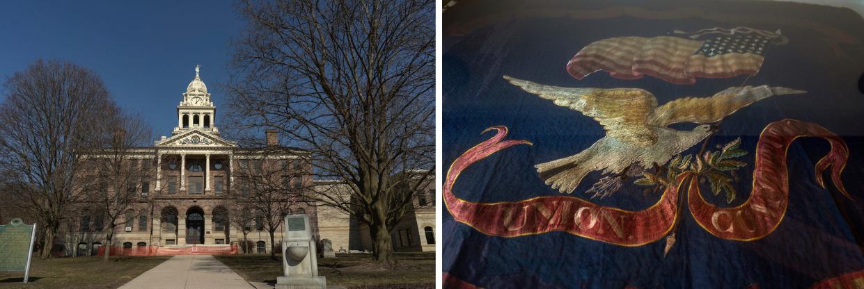 LEFT: The historic Ionia County Courthouse in Ionia, built in 1886, as seen on Tuesday, Feb. 27, 2024. RIGHT: The Civil War battle flag of the 21st Michigan Infantry hangs behind glass inside the Ionia County Courthouse in Ionia.