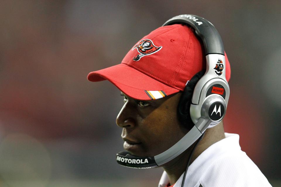 ATLANTA, GA - JANUARY 01:  Head coach Raheem Morris of the Tampa Bay Buccaneers looks on during the game against the Atlanta Falcons at Georgia Dome on January 1, 2012 in Atlanta, Georgia.  (Photo by Kevin C. Cox/Getty Images)