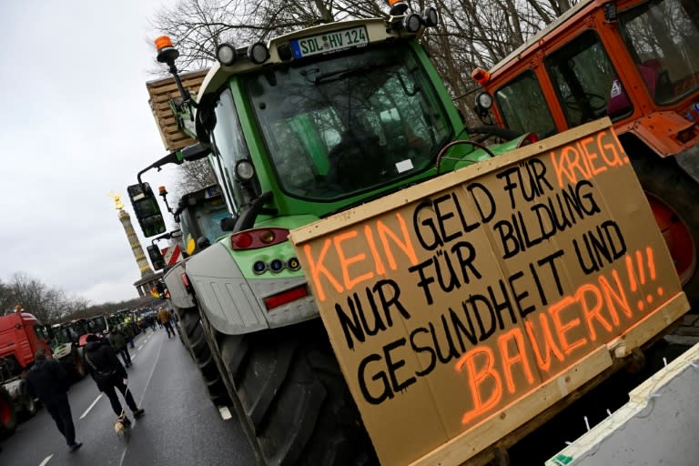 Bauern haben am Freitag bei Braunschweig in Niedersachsen stundenlang eine Autobahn mit einer Barrikade aus Baumstämmen und Misthaufen blockiert. Die Polizei sprach von einer "neuen Art des Protests". (John MACDOUGALL)