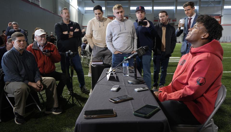 Jan 30, 2024; Columbus, Ohio, USA; Ohio State University football safety Caleb Downs talks with the media during his first sit-down interview since transferring from Alabama. He was the national freshman of the year at Alabama.