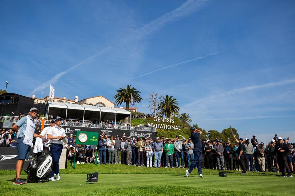 Feb 15, 2024; Pacific Palisades, California, USA; Gary Woodland on the tenth hole during the first round of The Genesis Invitational golf tournament. Mandatory Credit: Jason Parkhurst-USA TODAY Sports