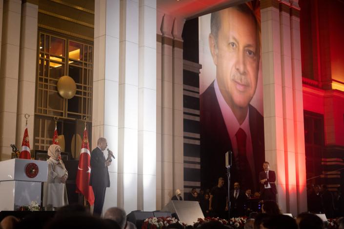 President Recep Tayyip Erdogan speaks to supporters at the presidential palace after winning re-election in a runoff on May 29, 2023 in Ankara, Turkey.