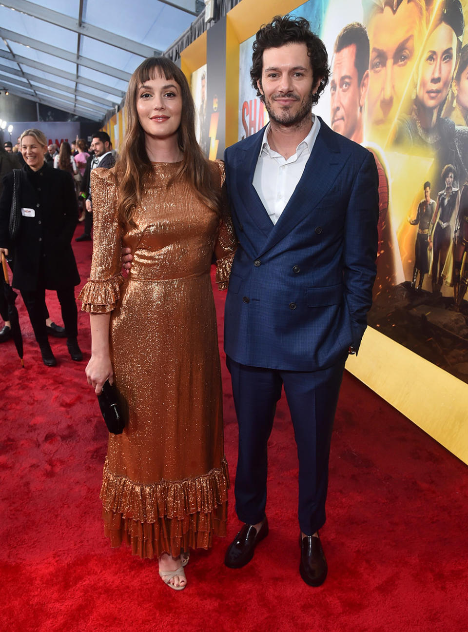 Leighton Meester and Adam Brody attend the premiere of Warner Bros.' "Shazam! Fury Of The Gods" at Regency Village Theatre on March 14, 2023 in Los Angeles, California.