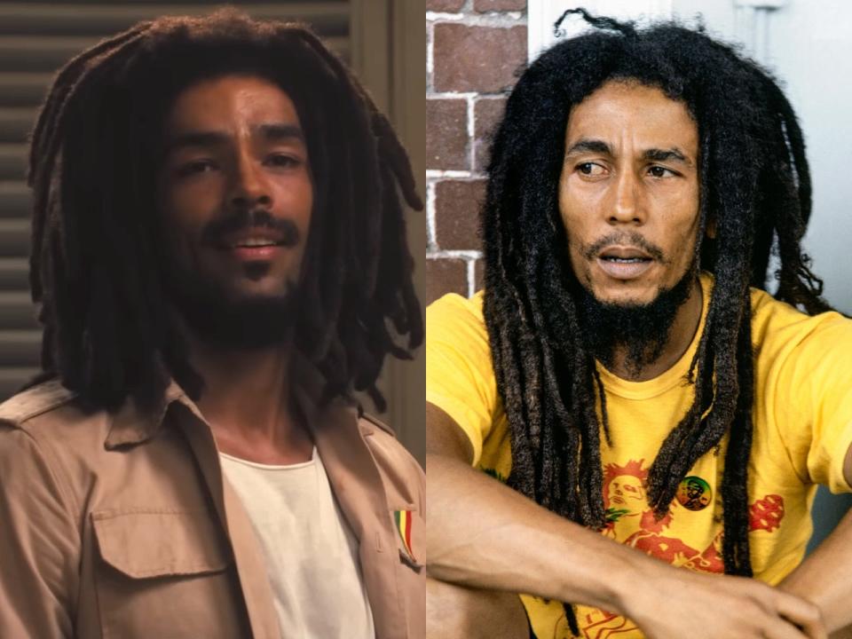 a side-by-side picture of Kingsley Ben-Adir in "Bob Marley: One Love" and the real Bob Marley.