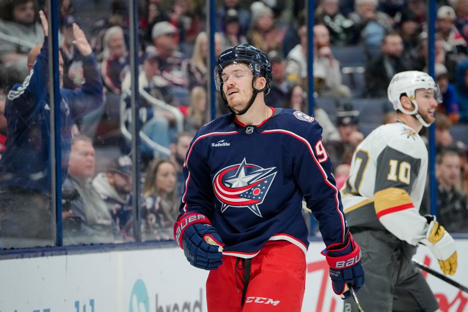 Nov 28, 2022; Columbus, Ohio, USA;  Columbus Blue Jackets center Jack Roslovic (96) reacts to a missed shot during the third period of the NHL hockey game against the Vegas Golden Knights at Nationwide Arena. Vegas won 3-2 in a shootout. Mandatory Credit: Adam Cairns-The Columbus Dispatch