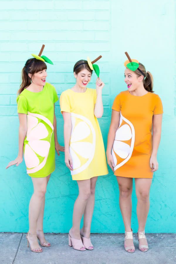<p>For a refreshing twist on the Halloween costume, you and your pals can easily DIY these adorable slices of lime, lemon, and orange. </p><p><a class="link " href="https://www.amazon.com/HUHOT-Sleeve-Summer-Casual-X-Large/dp/B01JOCB04E/ref=sr_1_4?tag=syn-yahoo-20&ascsubtag=%5Bartid%7C10055.g.28073110%5Bsrc%7Cyahoo-us" rel="nofollow noopener" target="_blank" data-ylk="slk:SHOP DRESSES;elm:context_link;itc:0;sec:content-canvas">SHOP DRESSES</a></p><p><em><a href="https://studiodiy.com/2016/10/10/diy-citrus-slice-costumes/" rel="nofollow noopener" target="_blank" data-ylk="slk:Get the tutorial at Studio DIY »;elm:context_link;itc:0;sec:content-canvas" class="link ">Get the tutorial at Studio DIY »</a></em></p>