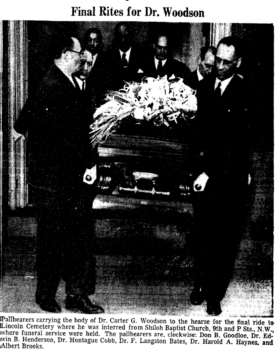 A newspaper clipping shows pallbearers carrying the body of Carter G. Woodson at his funeral in April 1950. / Credit: Courtesy: Evelyn Brooks Higginbotham