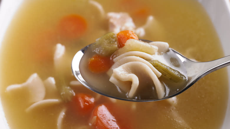 Close-up of egg noodle on spoon in chicken noodle soup