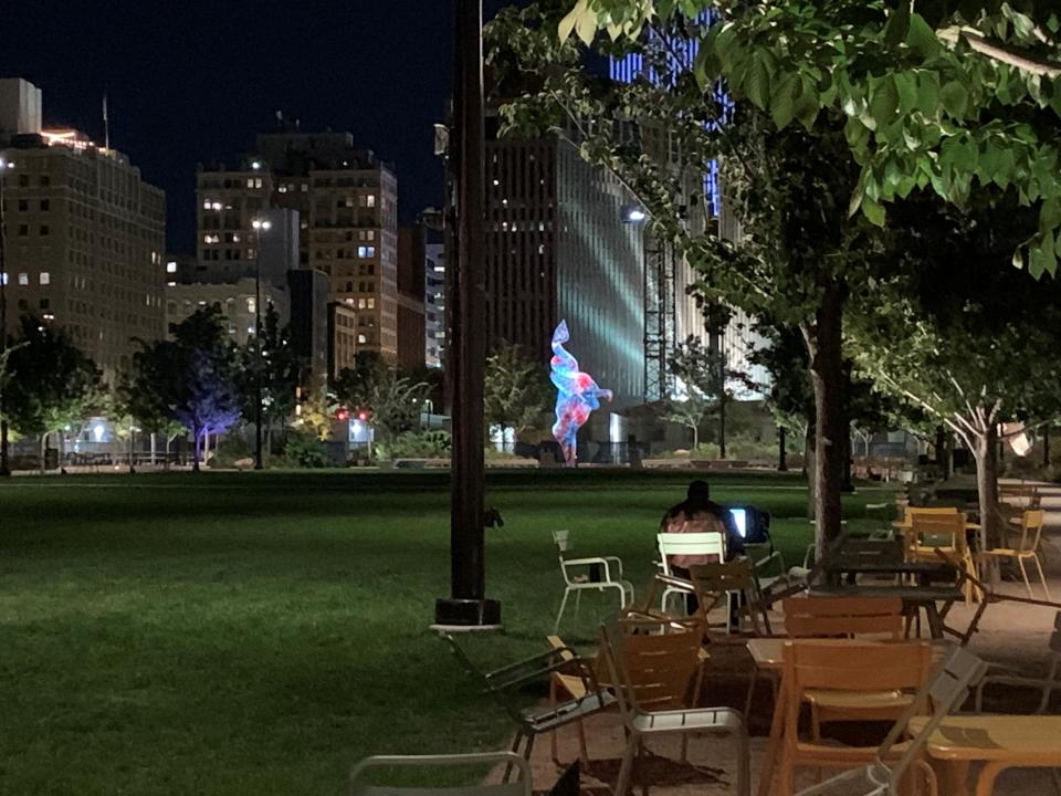 The Gene Leahy Mall, part of The Riverfront in Omaha, Nebraska, is shown Oct. 19, 2023. It is lit beautifully and has numerous amenities, from modern, clean restrooms and overlook of the Missouri River to hammocks and tables and chairs to a skating park and lake with fountain and Adirondack chairs.